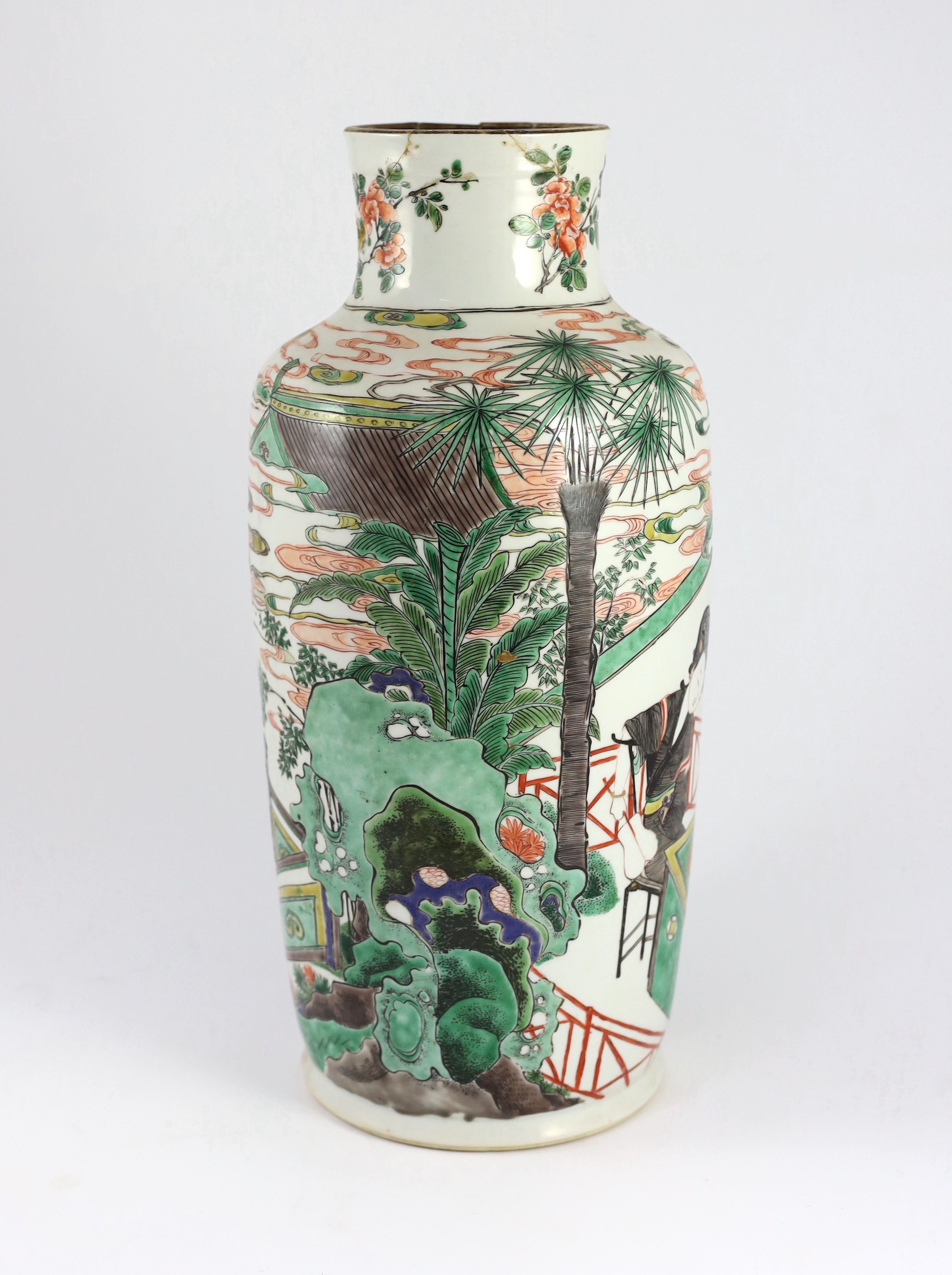 A Chinese famille verte ‘Four Beauties’ vase, Kangxi period, 41.5cm high, neck damaged